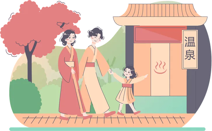 Niña japonesa yendo al café con sus padres  Ilustración