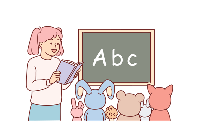 Una niña juega a ser maestra de escuela y lee un libro con juguetes sentados cerca de una pizarra con el alfabeto  Ilustración