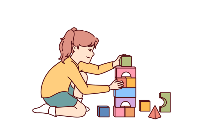 La niña juega sentada en el suelo y construye ladrillos de juguete  Ilustración