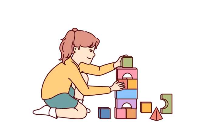 La niña juega sentada en el suelo y construye ladrillos de juguete  Ilustración