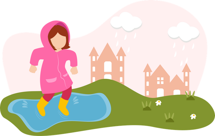 Niña jugando bajo la lluvia en el día del niño  Ilustración