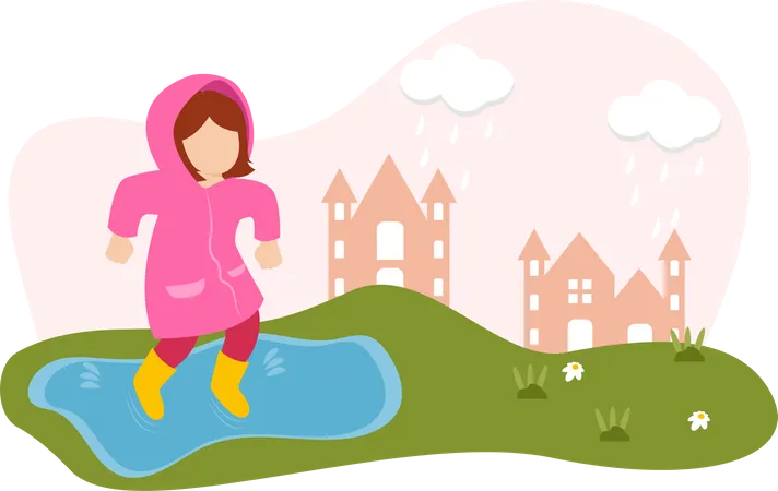 Niña jugando bajo la lluvia en el día del niño  Ilustración