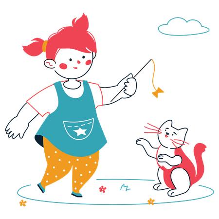 Niña jugando con gato  Ilustración
