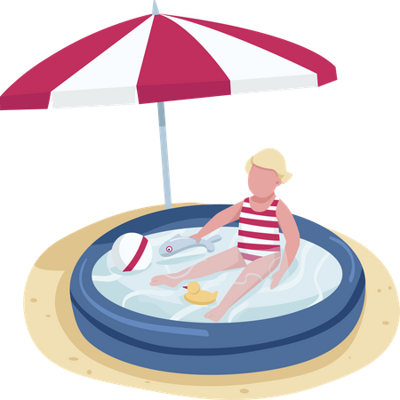 Niña jugando con juguetes en la piscina inflable  Ilustración