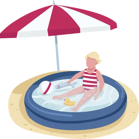 Niña jugando con juguetes en la piscina inflable  Ilustración