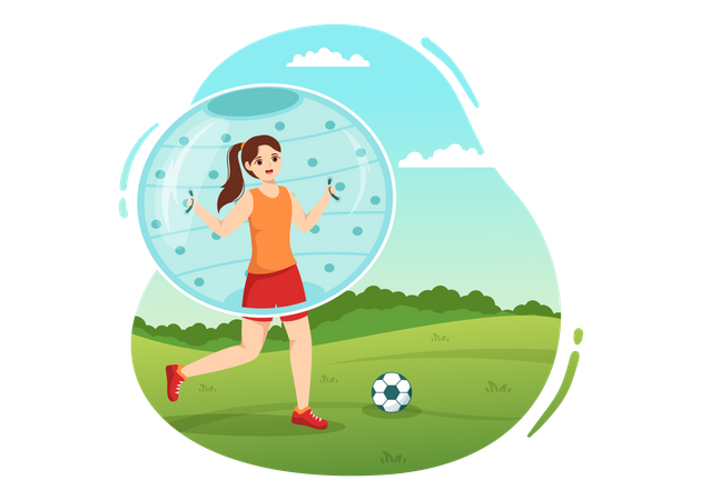 Una niña juega al fútbol mientras usa una pelota zorbing  Ilustración