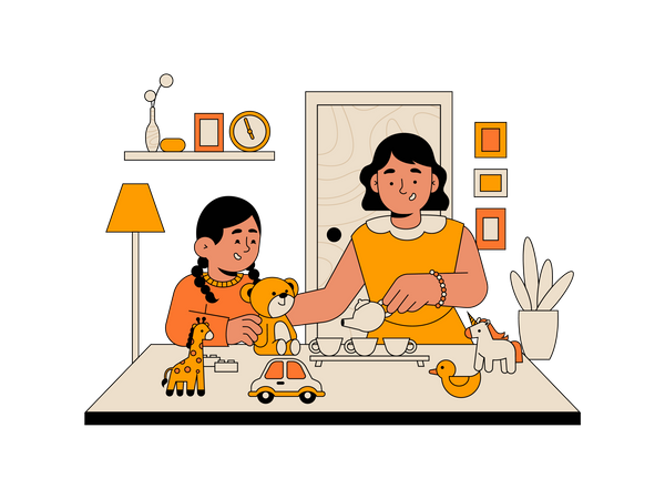 Niña jugando muñecas con su hermana mayor  Ilustración
