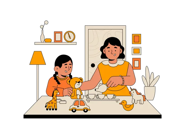 Niña jugando muñecas con su hermana mayor  Ilustración