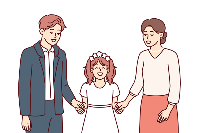 Niña junto con el padre y la madre en el día de la sagrada comunión según el rito cristiano  Ilustración