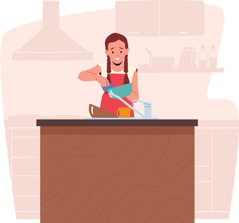 Niña lavando platos en la cocina de casa  Ilustración