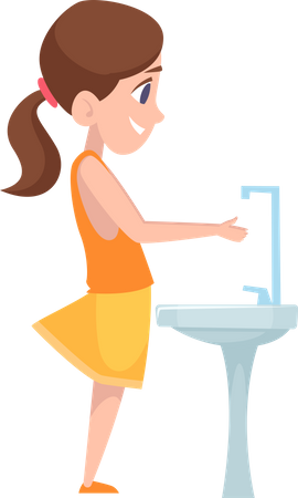 Chica lavándose las manos cerca del fregadero  Ilustración