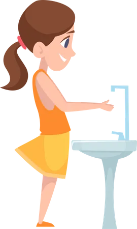 Chica lavándose las manos cerca del fregadero  Ilustración