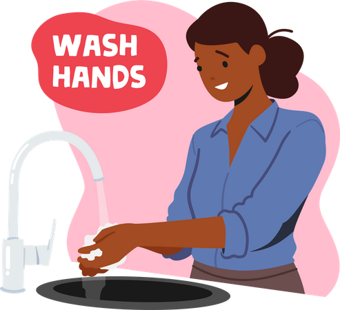 Niña lavándose las manos para la higiene diaria.  Ilustración
