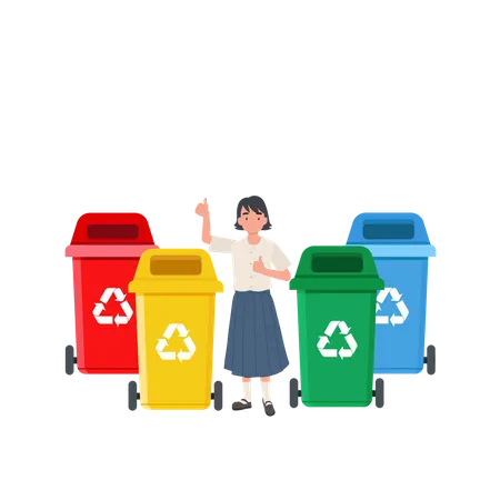 Chica dando el pulgar hacia arriba mientras explica sobre el color de la papelera de reciclaje  Ilustración