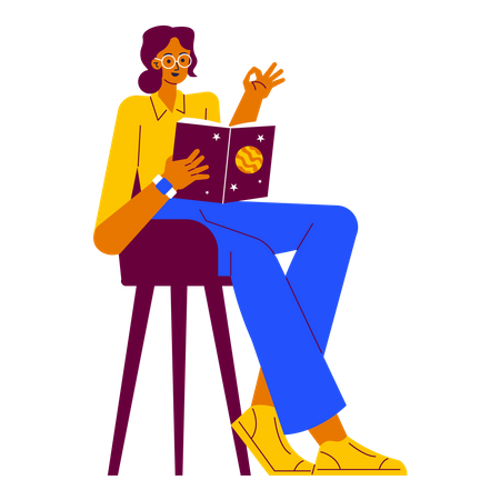 Chica leyendo libro de astronomía  Ilustración