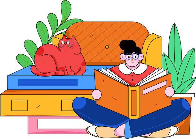 Chica leyendo un libro en casa  Ilustración