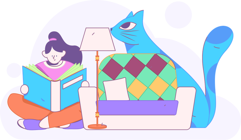 Chica leyendo un libro en casa  Ilustración