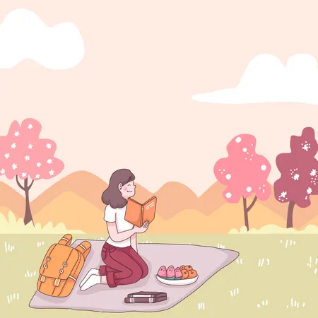 Niña leyendo un libro en el parque  Ilustración