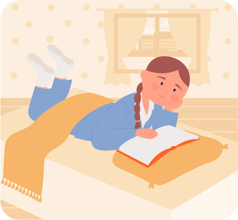 Chica leyendo un libro en la cama  Ilustración