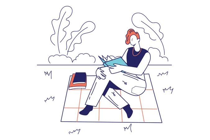 Chica leyendo novela al aire libre  Ilustración