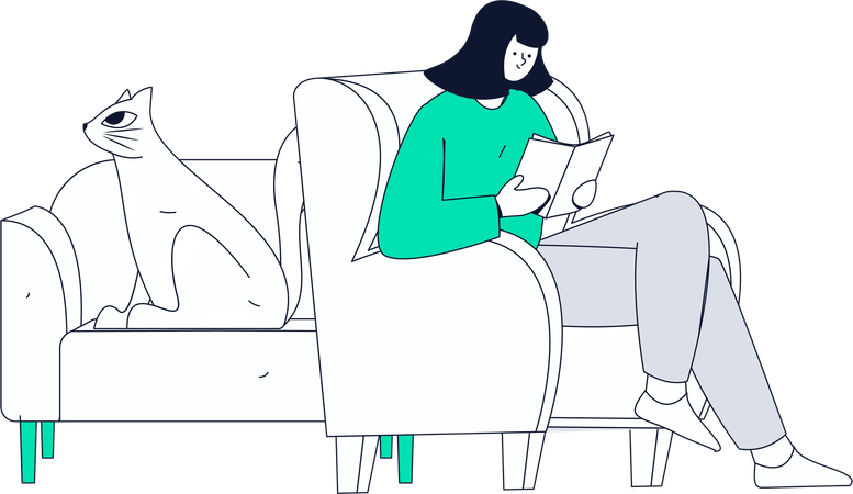 Chica leyendo un libro en casa  Ilustración