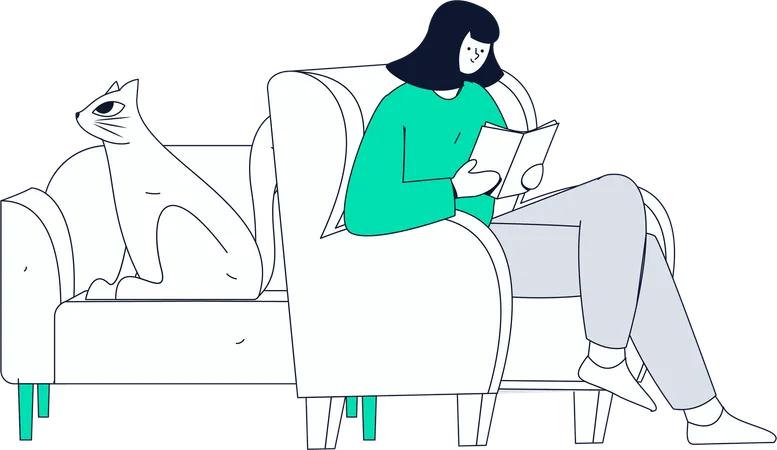 Chica leyendo un libro en casa  Ilustración