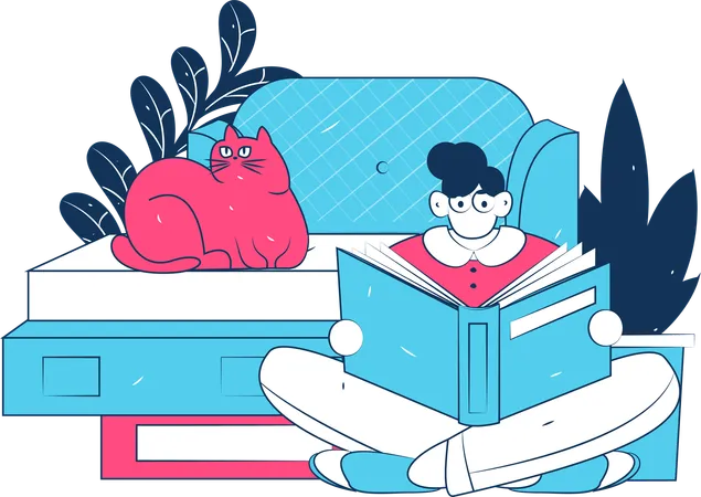 Chica leyendo un libro en casa  Ilustración