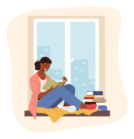 Chica leyendo un libro mientras está sentada cerca de la ventana  Ilustración