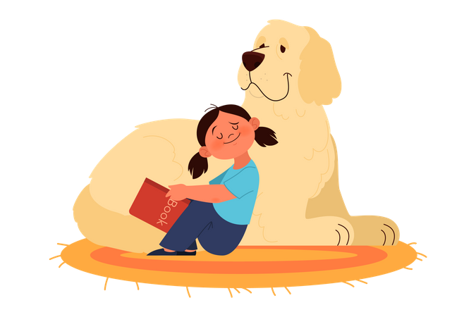 Chica leyendo un libro mientras está sentada con un perro mascota  Ilustración