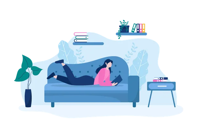 Chica leyendo un libro mientras se relaja en el sofá  Ilustración