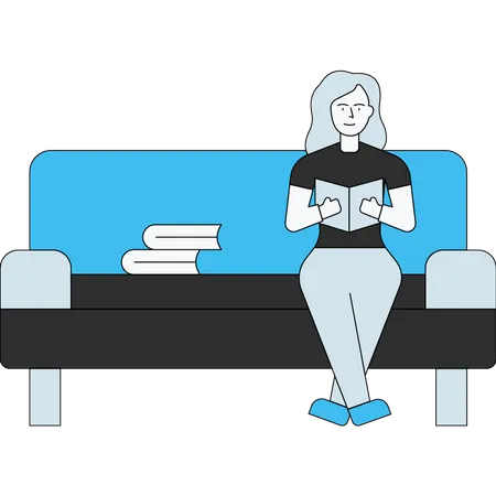 Chica leyendo un libro mientras está sentada en el sofá  Ilustración