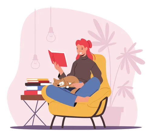 Chica leyendo un libro mientras está sentada en un sillón  Ilustración