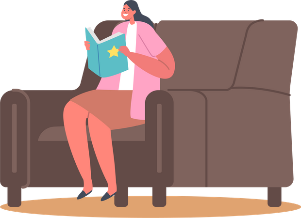Chica leyendo un libro mientras está sentada en un sillón  Ilustración