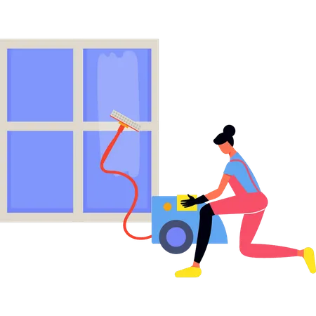 Chica limpiando ventanas con aspiradora  Ilustración