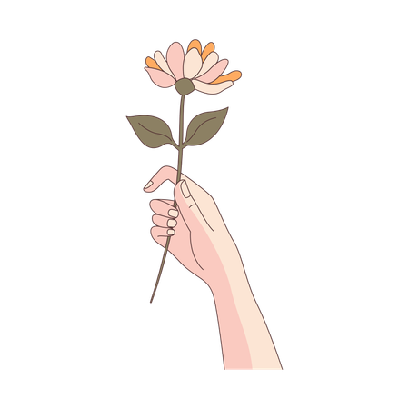 Mano de niña sosteniendo una hermosa flor floral  Ilustración