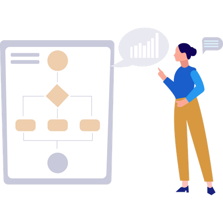 Chica mirando el gráfico de diagrama de flujo  Ilustración