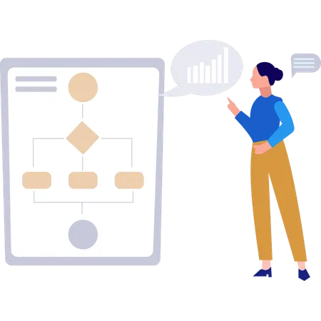 Chica mirando el gráfico de diagrama de flujo  Ilustración