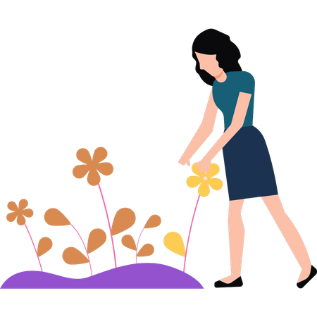 Chica mirando flores de primavera  Ilustración