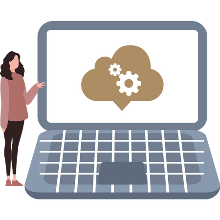 Chica mirando la configuración de la nube en la computadora portátil  Ilustración