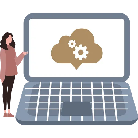 Chica mirando la configuración de la nube en la computadora portátil  Ilustración