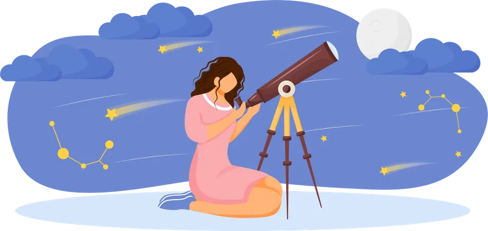 Chica mirando las estrellas y la luna con telescopio  Ilustración