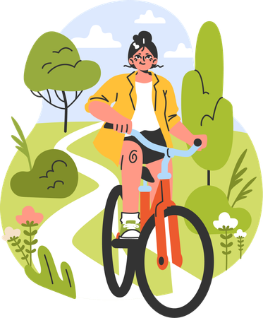 Chica montando bicicleta al aire libre  Ilustración