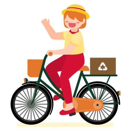 Chica montando bicicleta con caja de reciclaje  Ilustración
