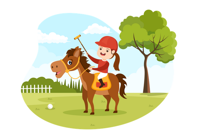 Niña montando caballo de polo  Ilustración