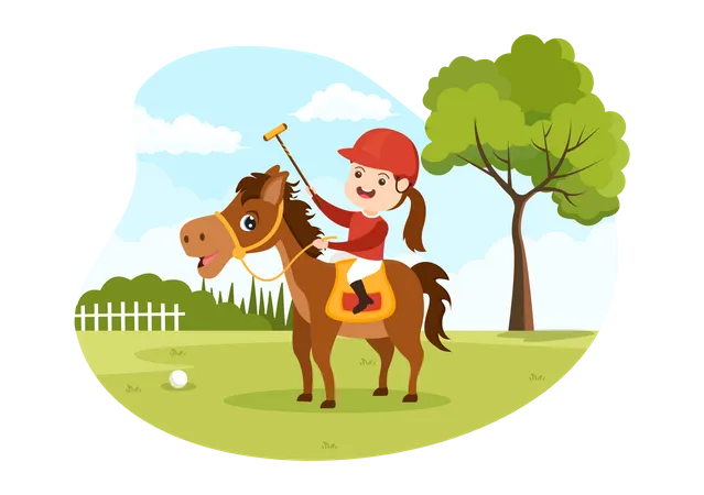 Niña montando caballo de polo  Ilustración