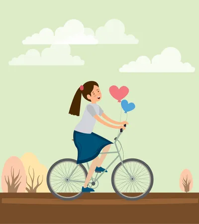 Chica montando bicicleta con globo  Ilustración