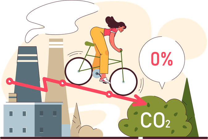 Niña monta en bicicleta mientras reduce el dióxido de carbono  Ilustración