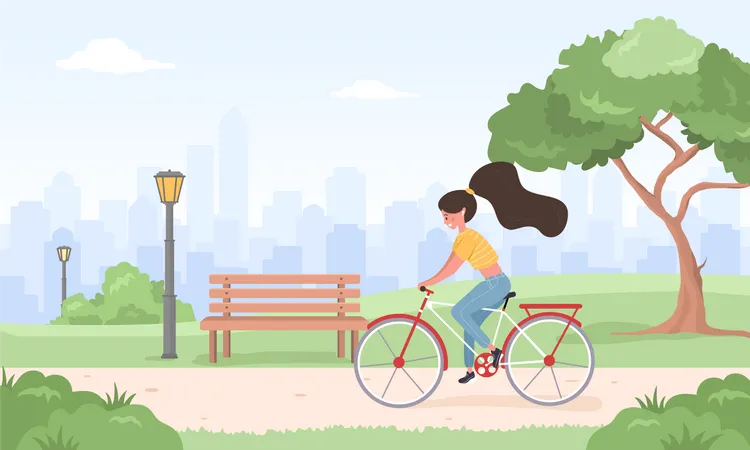 Mujer En Bicicleta Recorre La Ciudad Paisaje Primaveral Fondo De Verano Linda Joven Feliz En Bicicleta En El Parque Actividad Deportiva Y De Ocio Al Aire Libre Ilustracion Vectorial En Estilo De Dibujos Animados Planos Ilustración