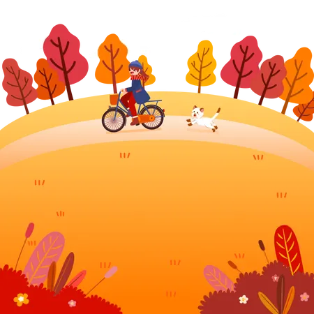 Chica montando en bicicleta en el parque de otoño  Ilustración
