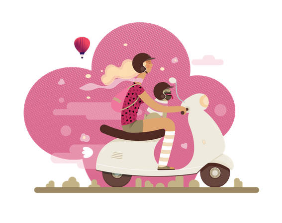 Chica montando scooter con su perro  Ilustración